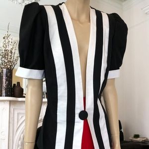 Vintage Black + White Striped Puff Sleeve blazer L